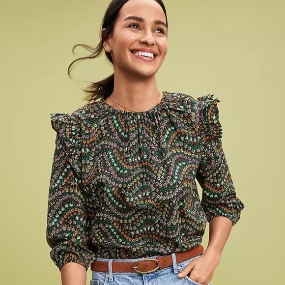 NEW LOFT Garden Dobby Tie Back Ruffle Top - Petite Large - Picture 1 of 8